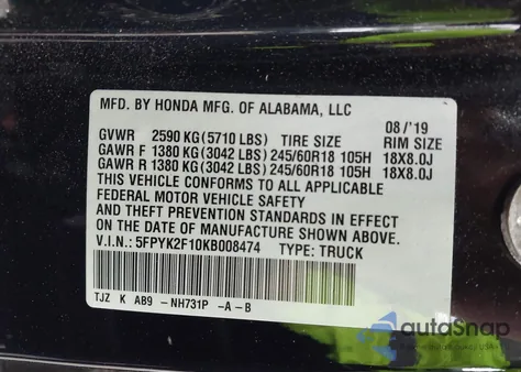 2019 Honda Ridgeline Sport z USA, uszkodzony, nr VIN 5FPYK2F10KB008474